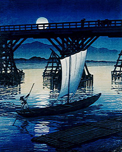 川瀬巴水 「月夜の帆かけ舟」木版画